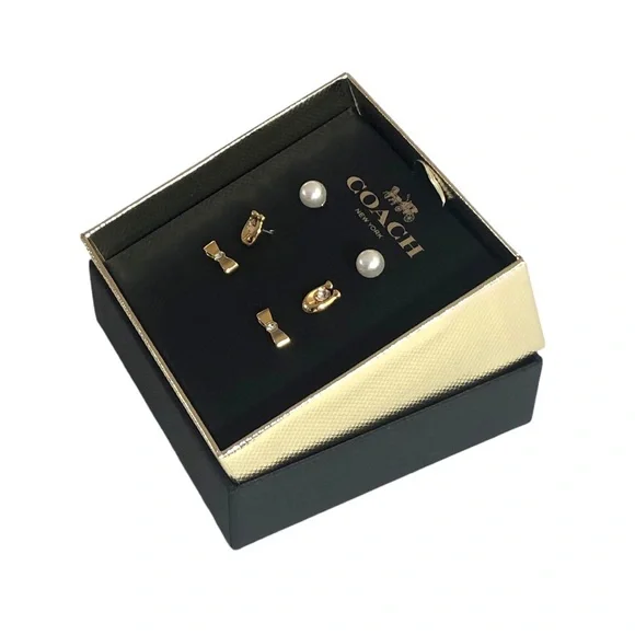 Coach Bow Earring 3 Pc Set Matching Goldtone Pearl Bow Box Set - Picture 4 of 13